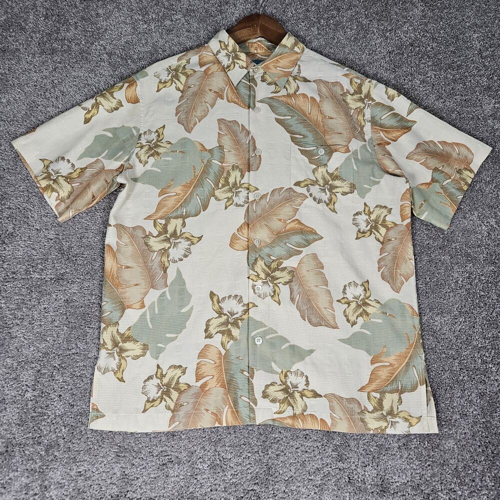 Tori Richard Shirt Men's Medium Green Beige Hawaiian Floral Resortwear Beach